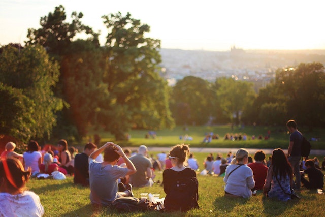 group of people sitting in a park at sunset