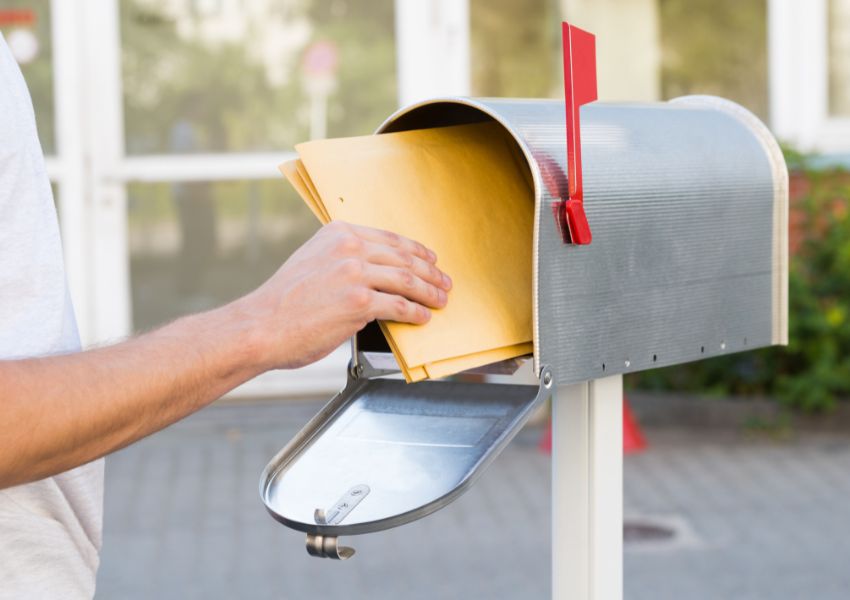 A landlord's hand places a move out notice into a tenant's silver and red mailbox.